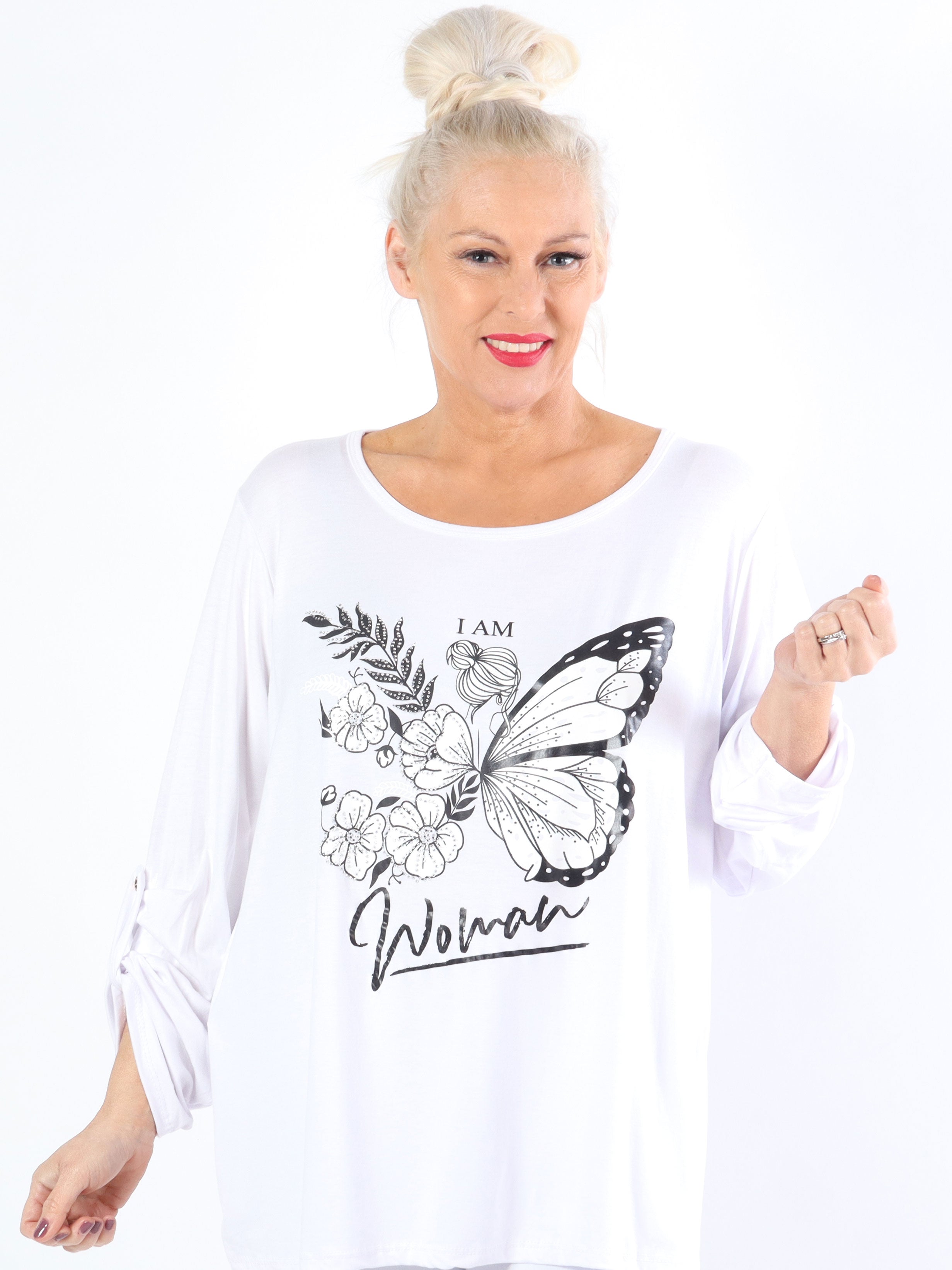 Sisse - Mjuk elastisk plus size blus med motiv och imiterad kant